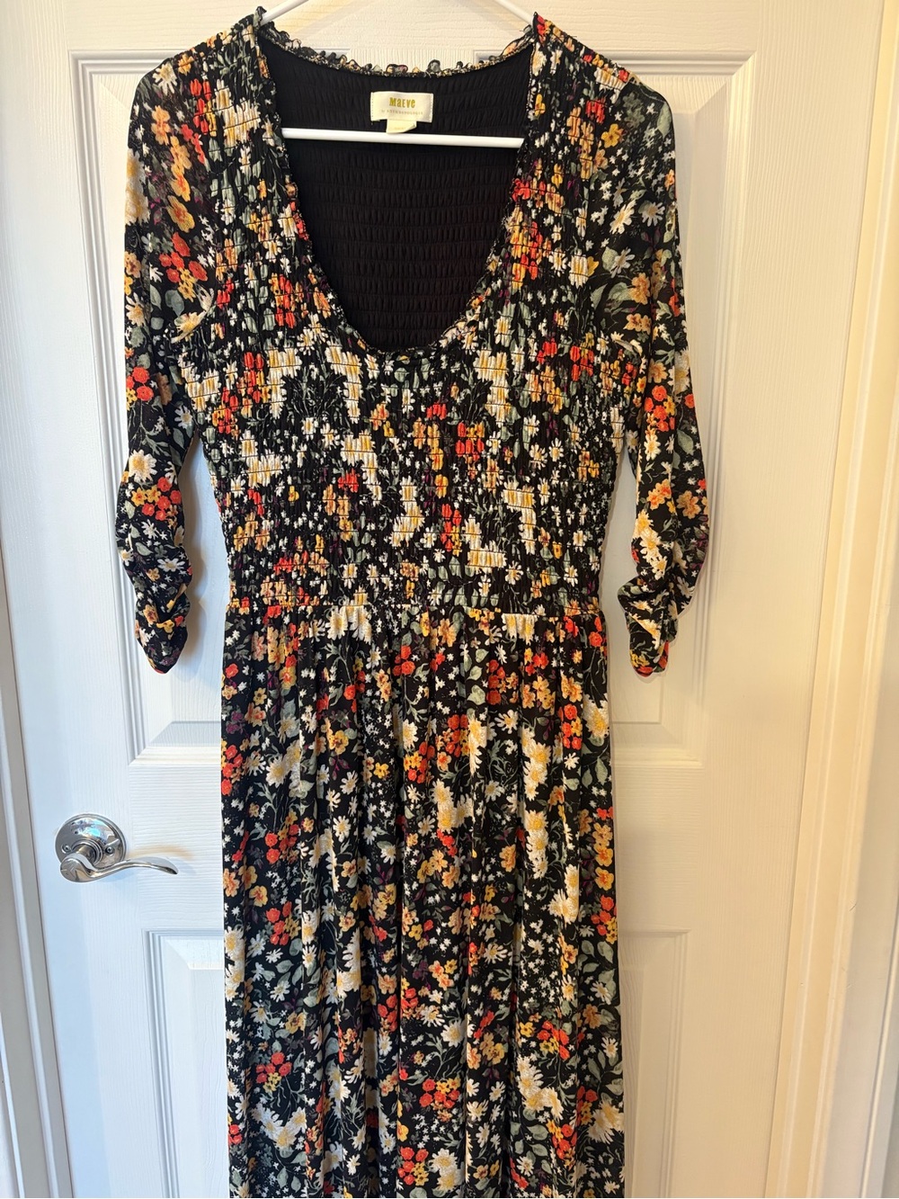 Anthropologie Black Floral Smocked Long-Sleeve Maxi Dress